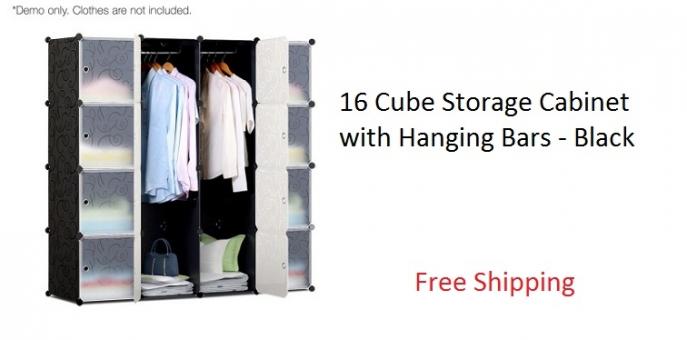 16 Cube Storage Cabinet with Hanging Bars - Black